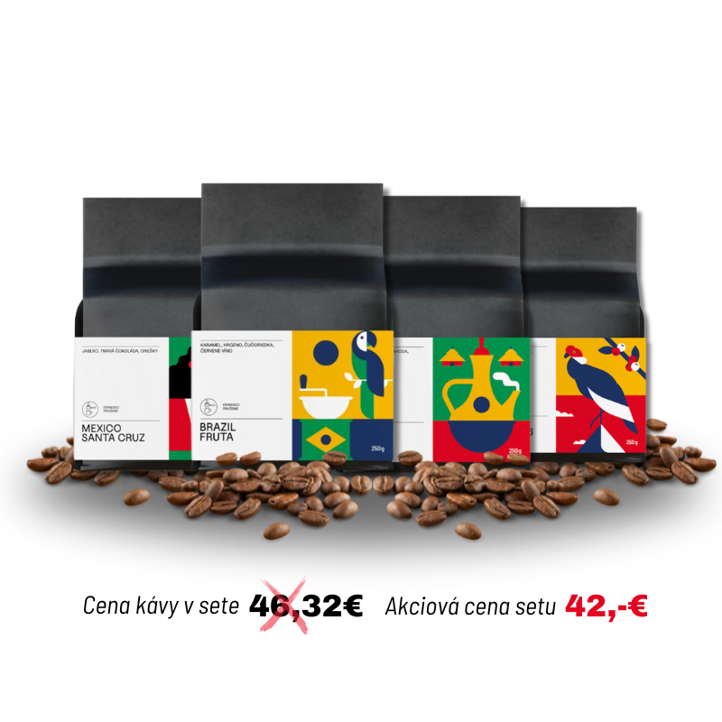 4 balenia výberových káv za výhodnú cenu, ochutnávkový set Brazília, Mexico, Ethiopia a Columbia, pražená káva na espresso
