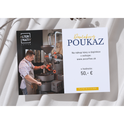 Darčekový poukaz AV COFFEE v rôznych hodnotách – ideálny darček pre milovníkov výberovej kávy, kapsúl a kávového príslušenstva.