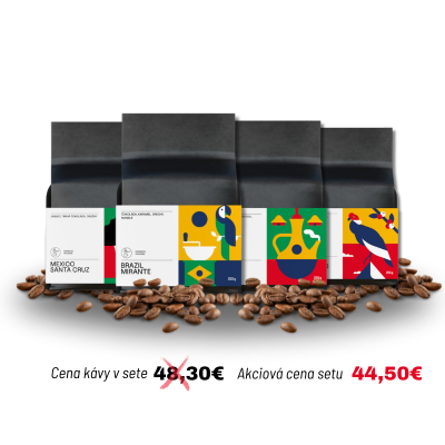 4 balenia výberových káv za výhodnú cenu, ochutnávkový set Brazília, Mexico, Ethiopia a Columbia, pražená káva na espresso