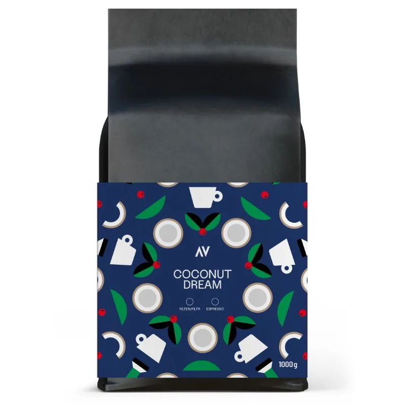 výberová zrnková káva Coconut Dream ALTER-NATIV COFFEE 1 kg, kávový blend Indonézia Kenya, zrnková káva na espresso a filter