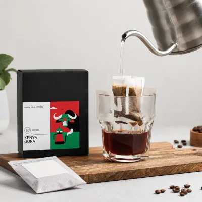 Dripbag Kenya Gura – drip bag káva, balenie výberovej kávy na prípravu do hrnčeka