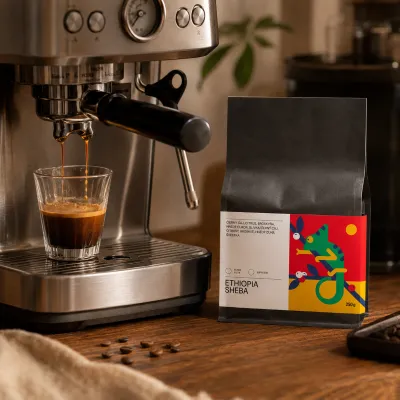 Ethiopia Sheba zrnková káva 1 kg – výberová arabika z Etiópie na espresso aj filter, čierny čaj, citrusy, broskyňa, hnedý cukor