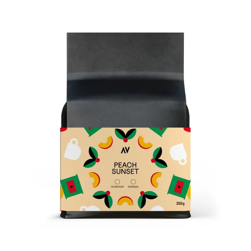 Peach Sunset 250 g – infúzovaná zrnková káva, broskyňový dizajn obalu ALTER-NATIV COFFEE