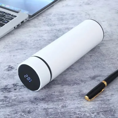 Biela termoska s LED teplomerom na viečku