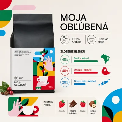 Moja Obľúbená espresso zmes – zrnková káva 100 % arabika z Brazílie, Etiópie a Timor-Leste v 1 kg balení.