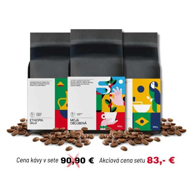 Trio Bestseller – Ethiopia Guji, Moja Obľúbená a Brazil Mirante, 3 × 1 kg zrnkovej kávy na espresso.