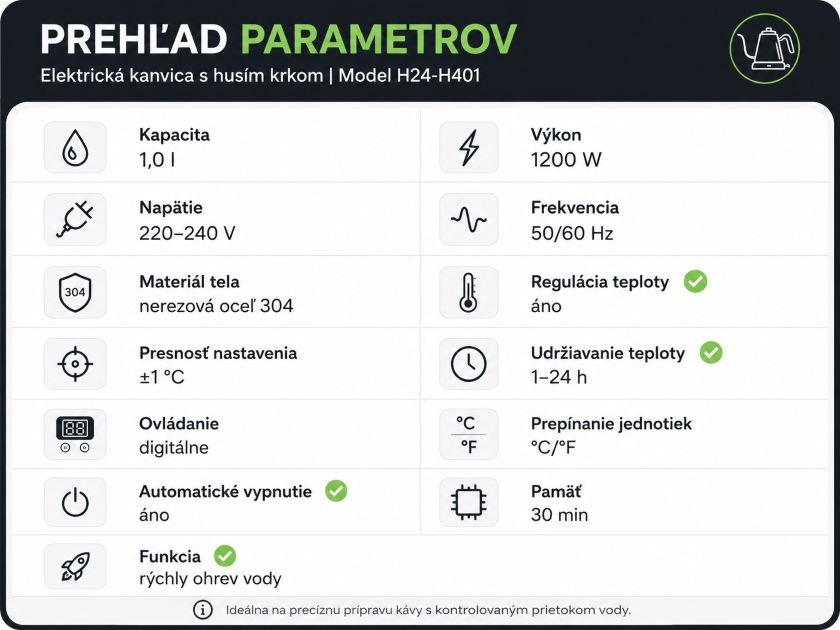 Prehľad parametrov gooseneck kanvice – regulácia teploty, nerez 304, LED displej, udržiavanie teploty, automatické vypnutie.