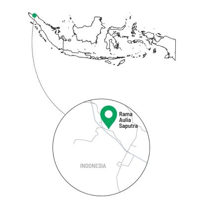 Mapa pôvodu kávy Jingle Beans – zvýraznená oblasť farmára Rama Aulia Saputra na ostrove Sumatra v Indonézii.