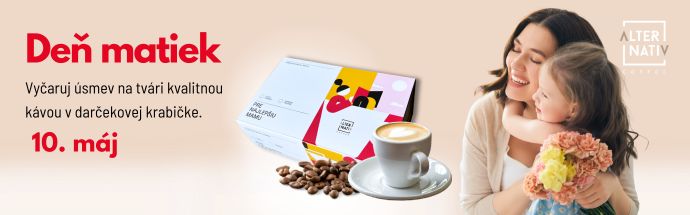 Baner ku Dňu matiek od ALTER-NATIV COFFEE s darčekovou krabičkou kávy, šálkou kávy a textom o kvalitnej káve ako darčeku na 10. máj.