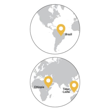 Mapa pôvodu blendu Moja Obľúbená – Brazília, Etiópia a Timor-Leste.