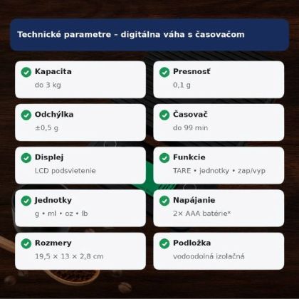 Technické parametre baristickej digitálnej váhy